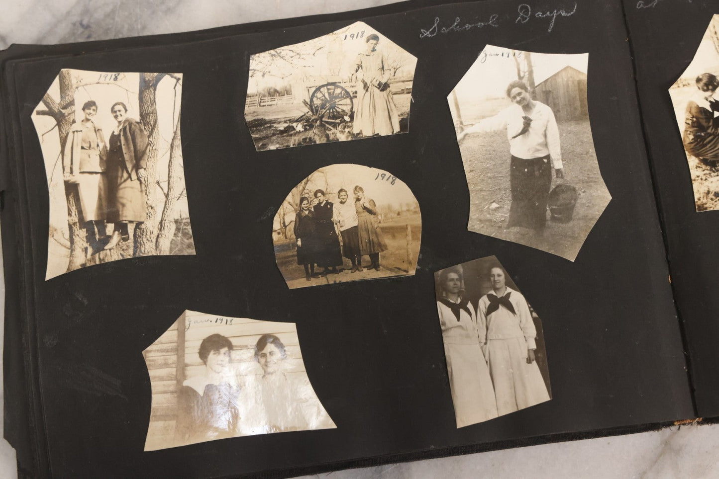 Lot 097 - Antique Snapshot Photograph Album With 225+ Photos Of Rural Life In Kansas, Including Adventuring Teenage Girls, Croft Schoolchildren, Wwi Soldiers, And Burning Of Croft Depot, Circa 1910–1920