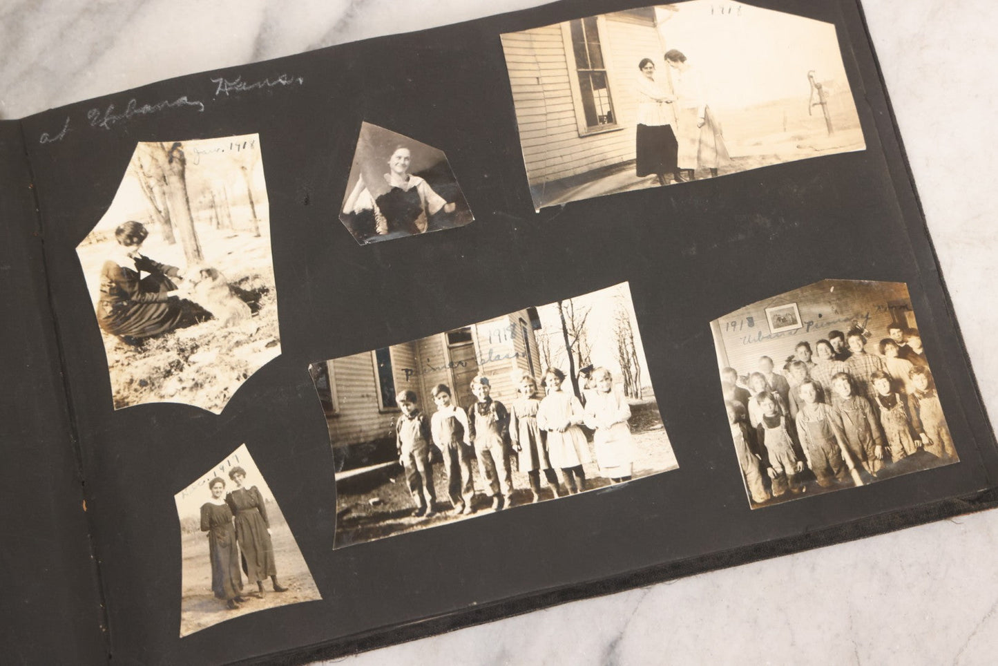 Lot 097 - Antique Snapshot Photograph Album With 225+ Photos Of Rural Life In Kansas, Including Adventuring Teenage Girls, Croft Schoolchildren, Wwi Soldiers, And Burning Of Croft Depot, Circa 1910–1920