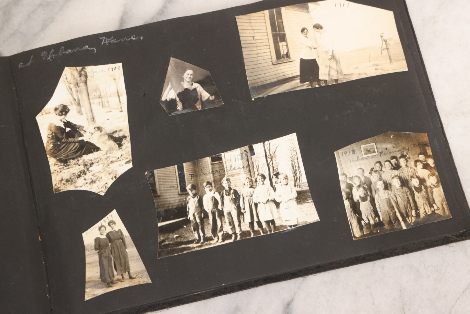 Lot 097 - Antique Snapshot Photograph Album With 225+ Photos Of Rural Life In Kansas, Including Adventuring Teenage Girls, Croft Schoolchildren, Wwi Soldiers, And Burning Of Croft Depot, Circa 1910–1920
