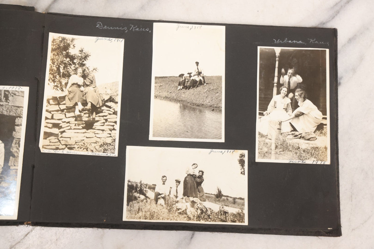 Lot 097 - Antique Snapshot Photograph Album With 225+ Photos Of Rural Life In Kansas, Including Adventuring Teenage Girls, Croft Schoolchildren, Wwi Soldiers, And Burning Of Croft Depot, Circa 1910–1920
