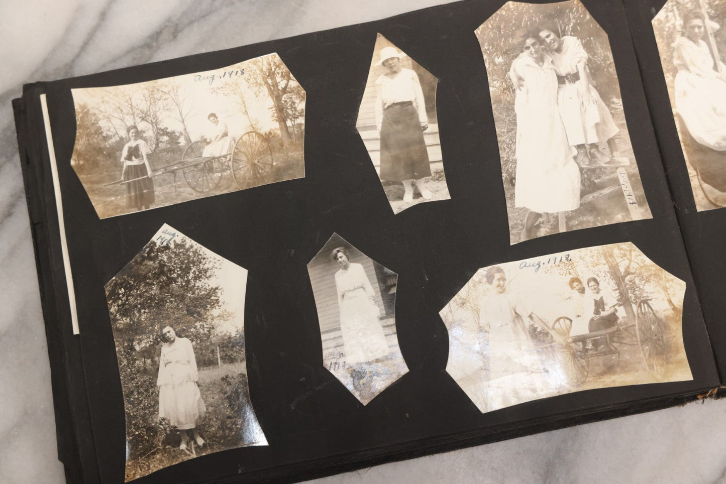 Lot 097 - Antique Snapshot Photograph Album With 225+ Photos Of Rural Life In Kansas, Including Adventuring Teenage Girls, Croft Schoolchildren, Wwi Soldiers, And Burning Of Croft Depot, Circa 1910–1920