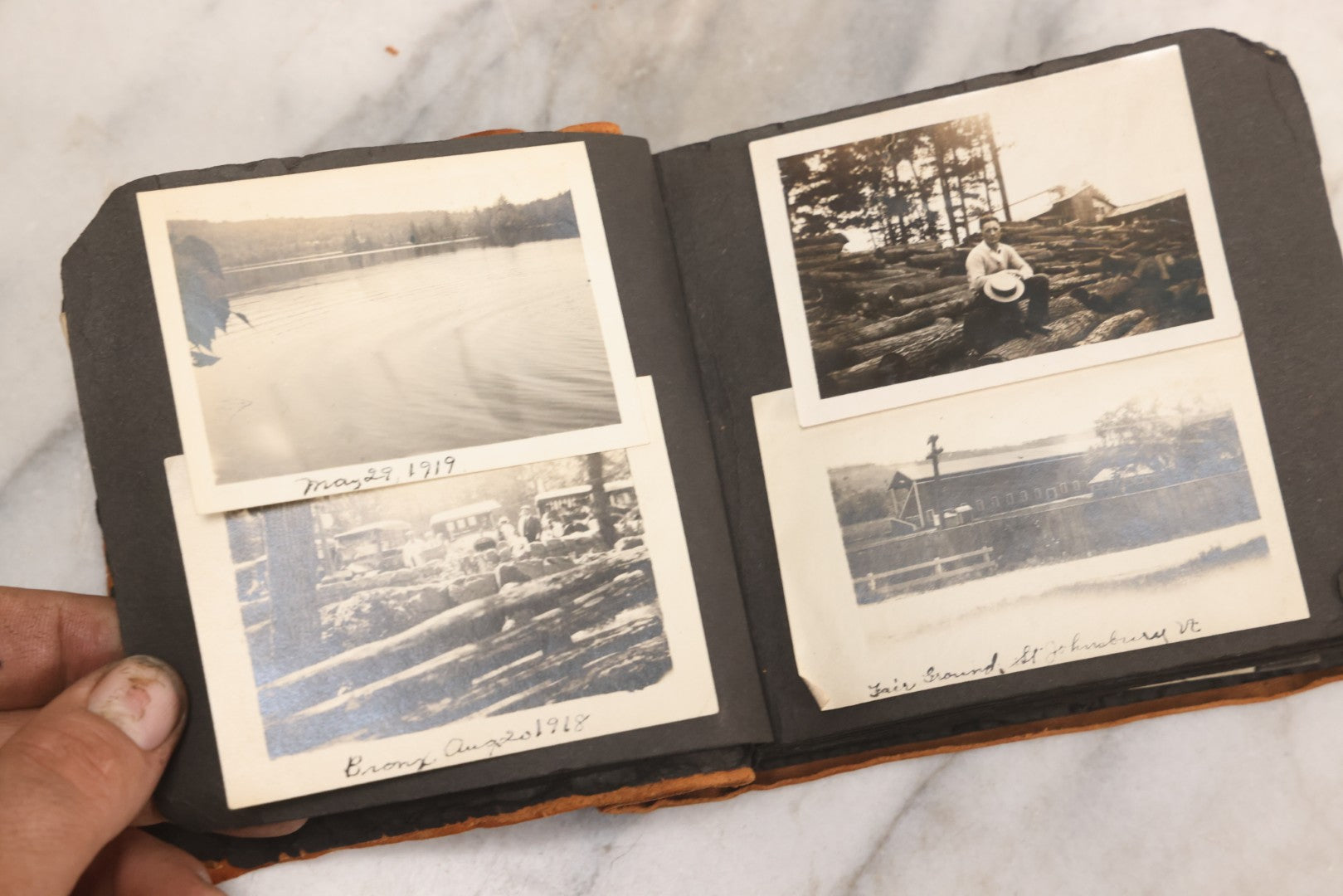Lot 098 - Antique Snapshot Photograph Album With Leather Souvenir Cover From St. Petersburg, Florida, Containing 75+ Family Photos From New Hampshire And Vermont, Including World War One Soldier, Circa 1920s–1930s