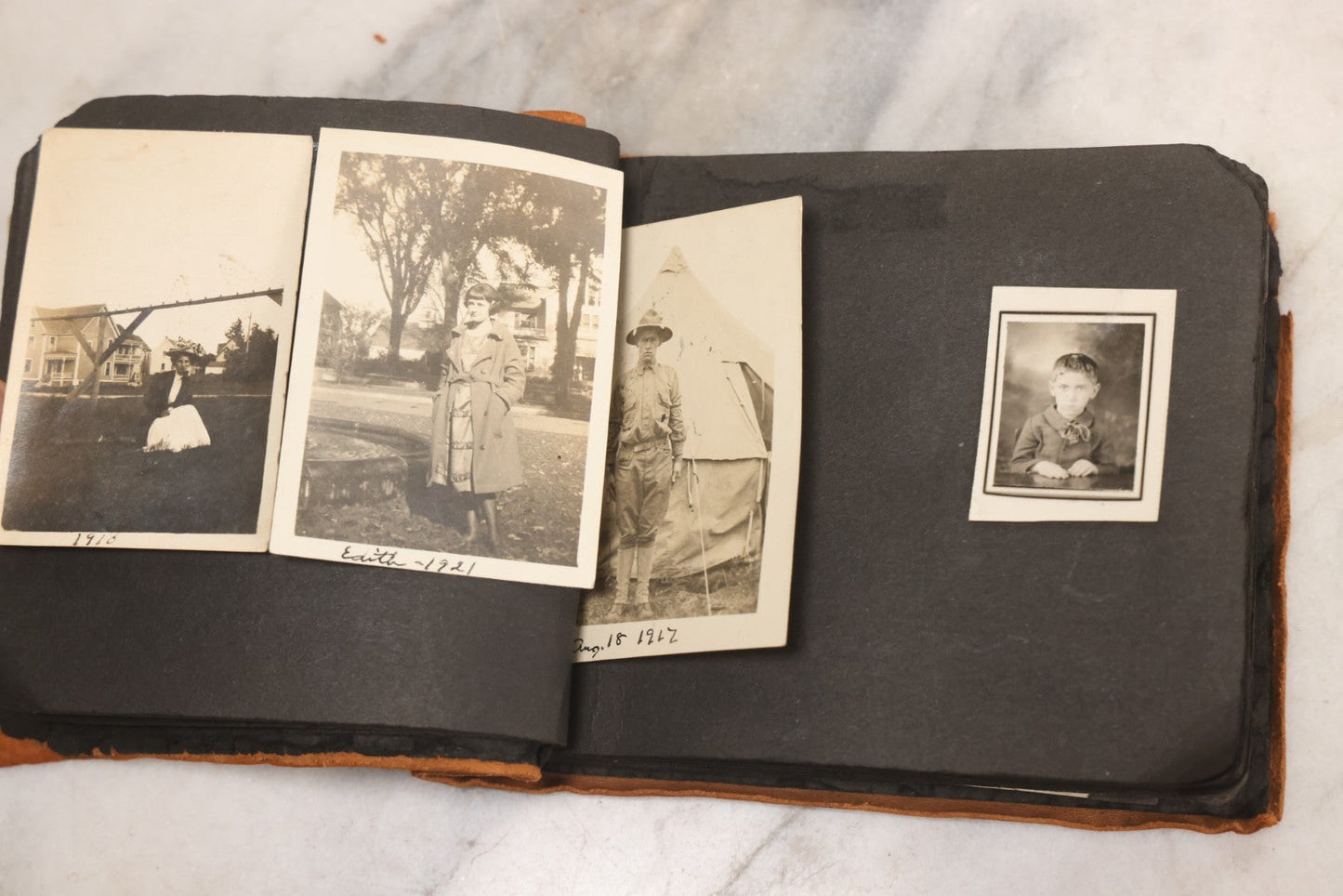 Lot 098 - Antique Snapshot Photograph Album With Leather Souvenir Cover From St. Petersburg, Florida, Containing 75+ Family Photos From New Hampshire And Vermont, Including World War One Soldier, Circa 1920s–1930s