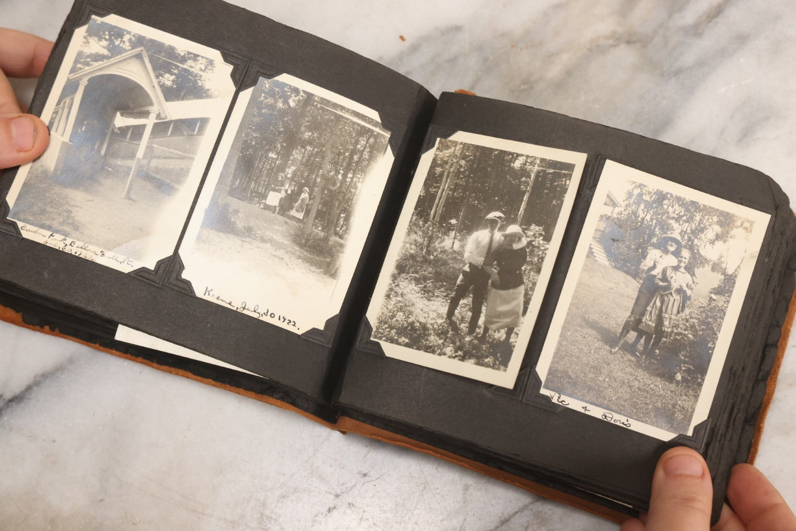 Lot 098 - Antique Snapshot Photograph Album With Leather Souvenir Cover From St. Petersburg, Florida, Containing 75+ Family Photos From New Hampshire And Vermont, Including World War One Soldier, Circa 1920s–1930s