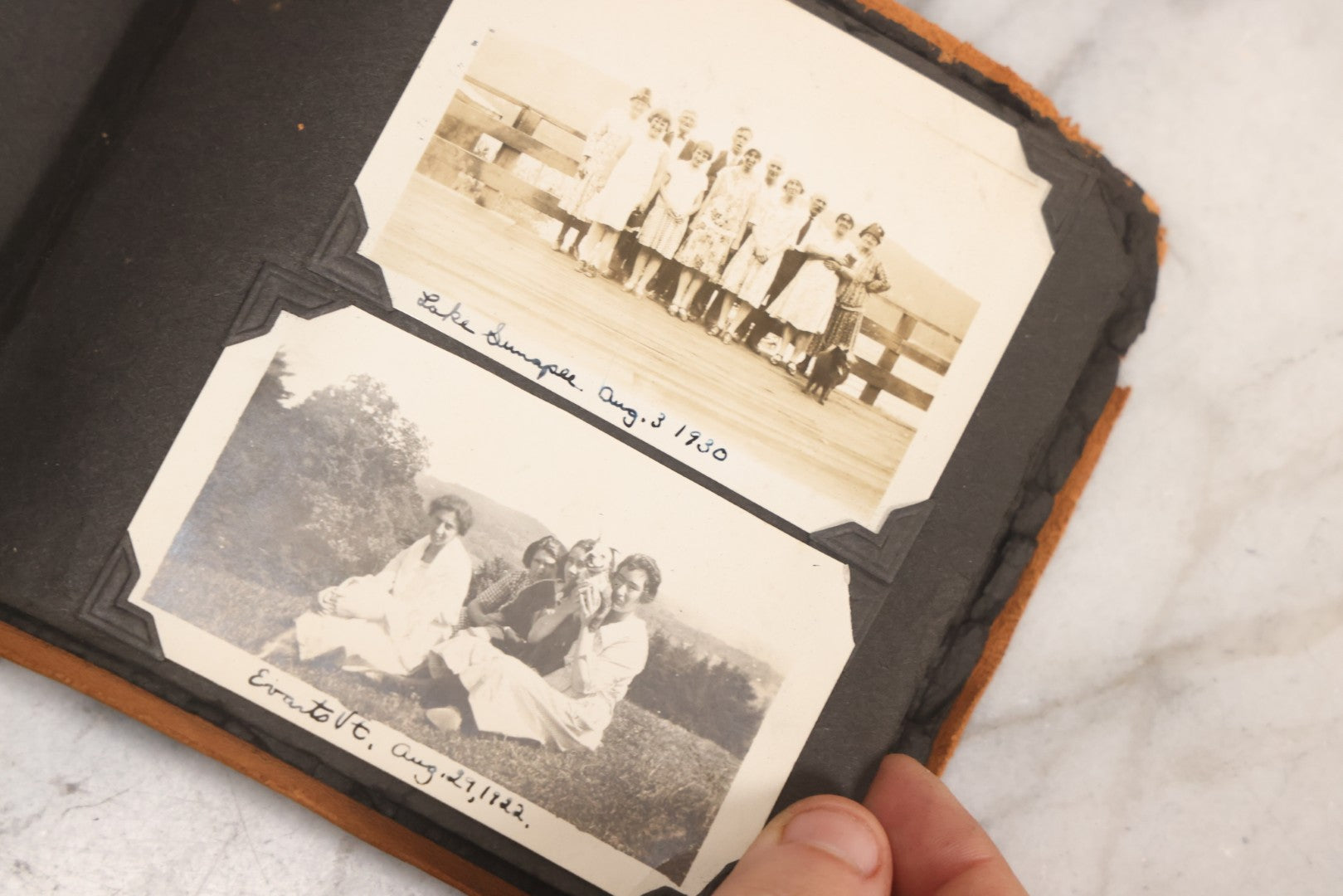 Lot 098 - Antique Snapshot Photograph Album With Leather Souvenir Cover From St. Petersburg, Florida, Containing 75+ Family Photos From New Hampshire And Vermont, Including World War One Soldier, Circa 1920s–1930s