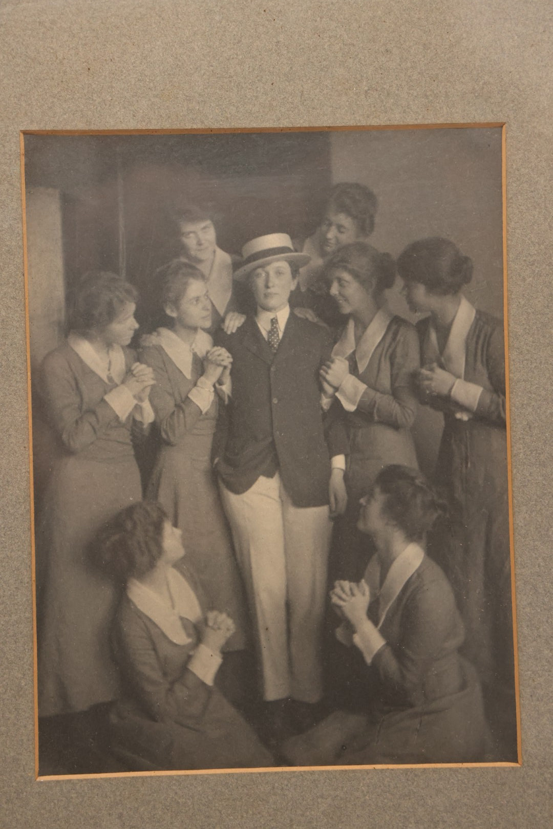 Lot 102 - Vintage Triptych Photographs Of Cross-Dressing Performer In Suit And Sailor Attire With Female Companions, Circa 1920s Framed With Custom Triple Mat, 22-7/8" x 12-1/8"