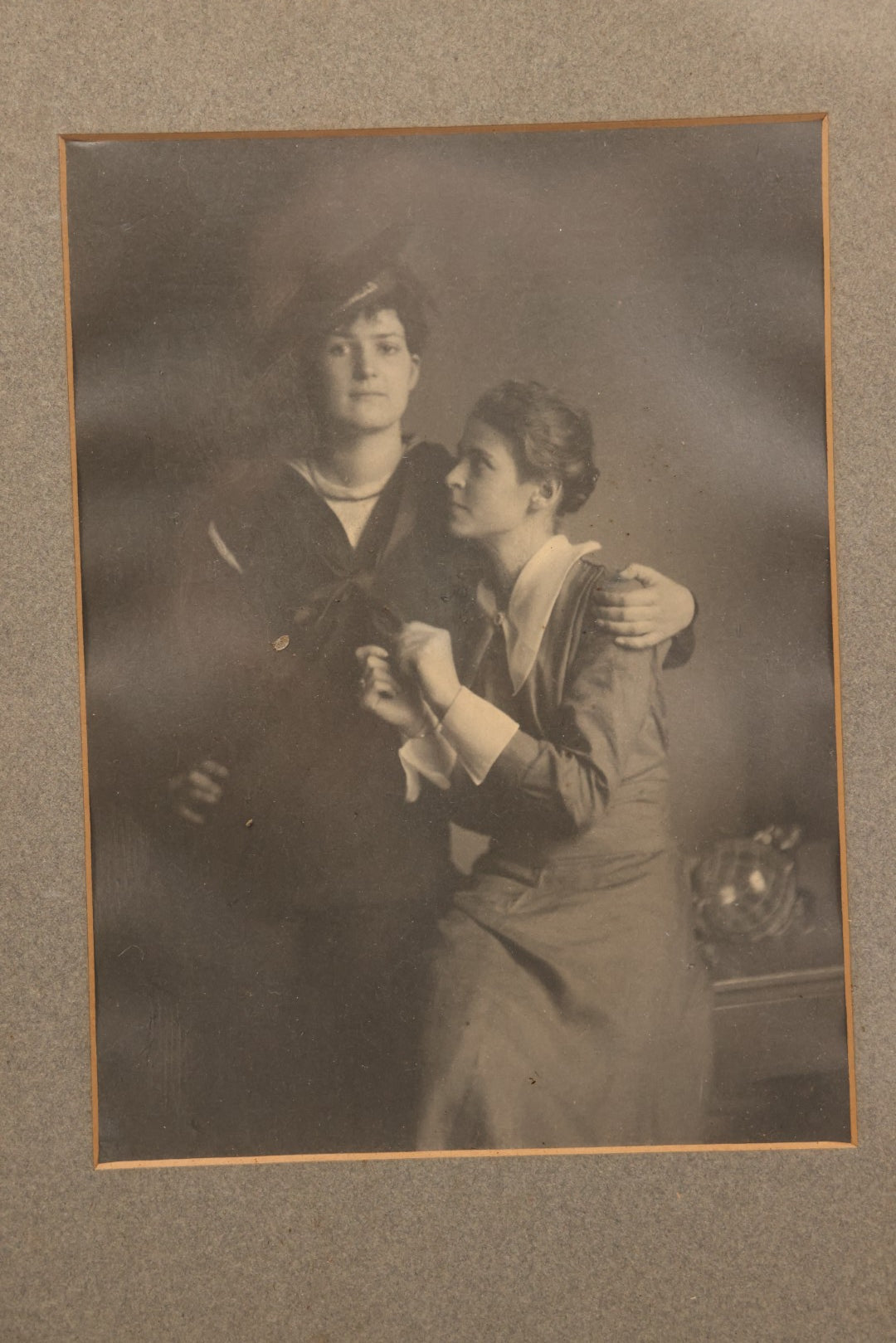 Lot 102 - Vintage Triptych Photographs Of Cross-Dressing Performer In Suit And Sailor Attire With Female Companions, Circa 1920s Framed With Custom Triple Mat, 22-7/8" x 12-1/8"
