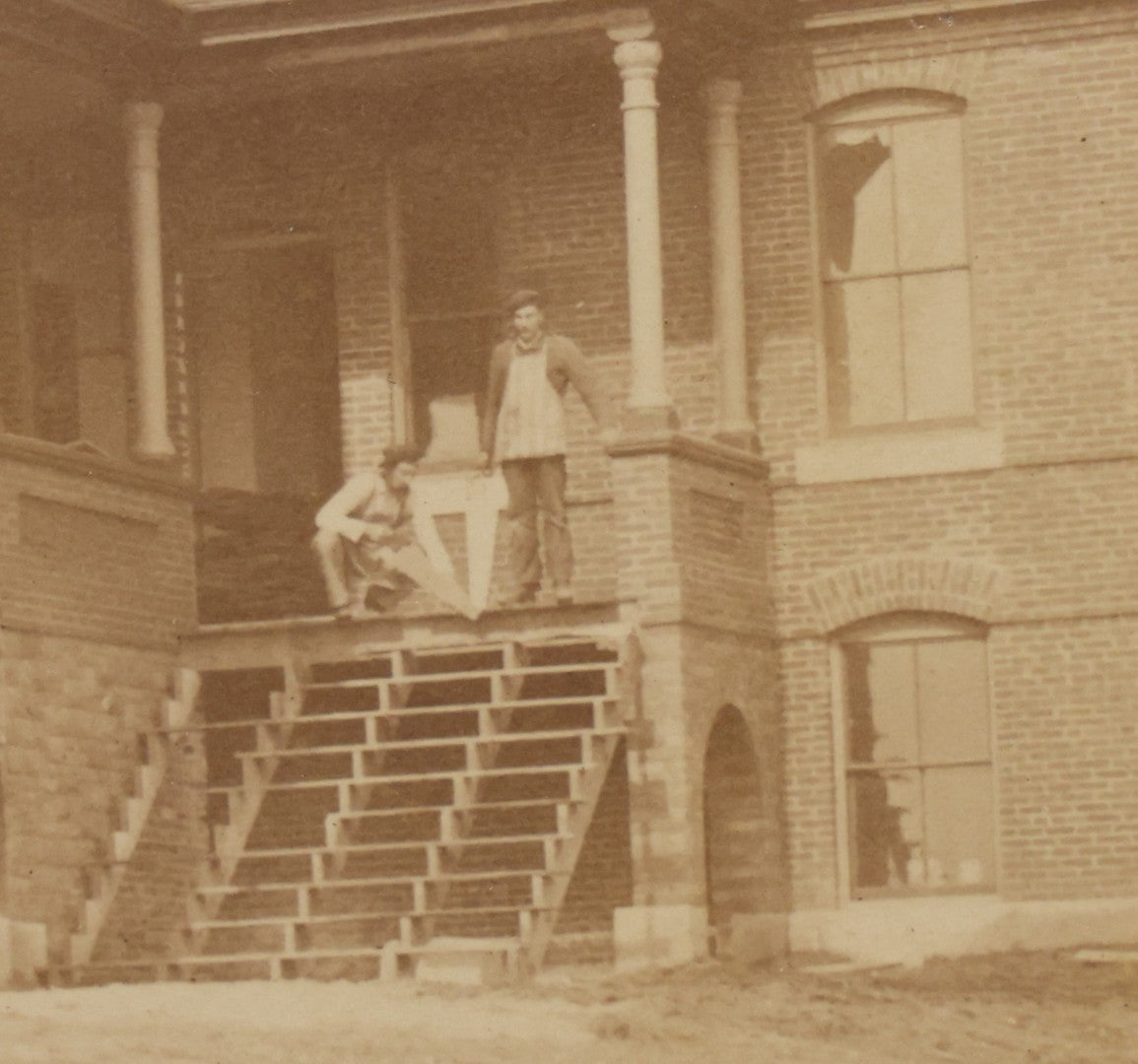 Lot 107 - Antique Boarded Occupational Photograph Of Construction Workers Building The New Hampshire Veterans Home, Tilton, New Hampshire, Photographed By Sanderson, Circa 1890