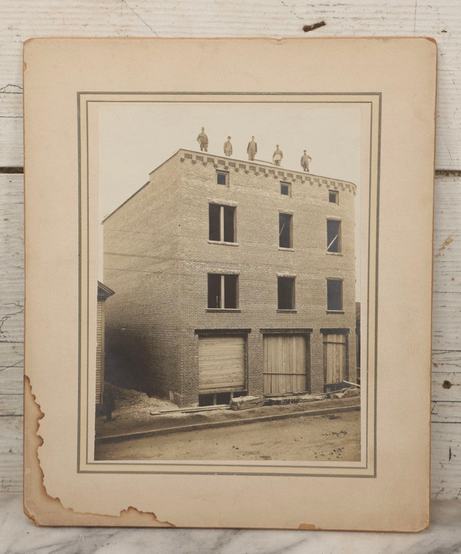 Lot 108 - Antique Boarded Occupational Photograph Of Brick Workers Atop Brainard Building, 65 High Street, Enfield, Connecticut, Under Construction, Circa 1909