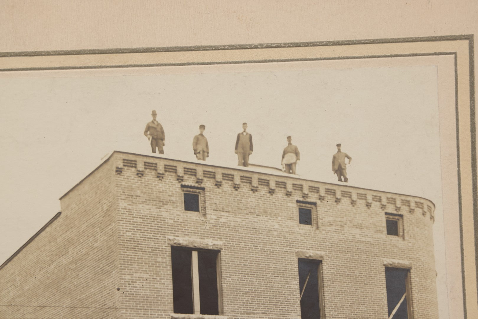 Lot 108 - Antique Boarded Occupational Photograph Of Brick Workers Atop Brainard Building, 65 High Street, Enfield, Connecticut, Under Construction, Circa 1909