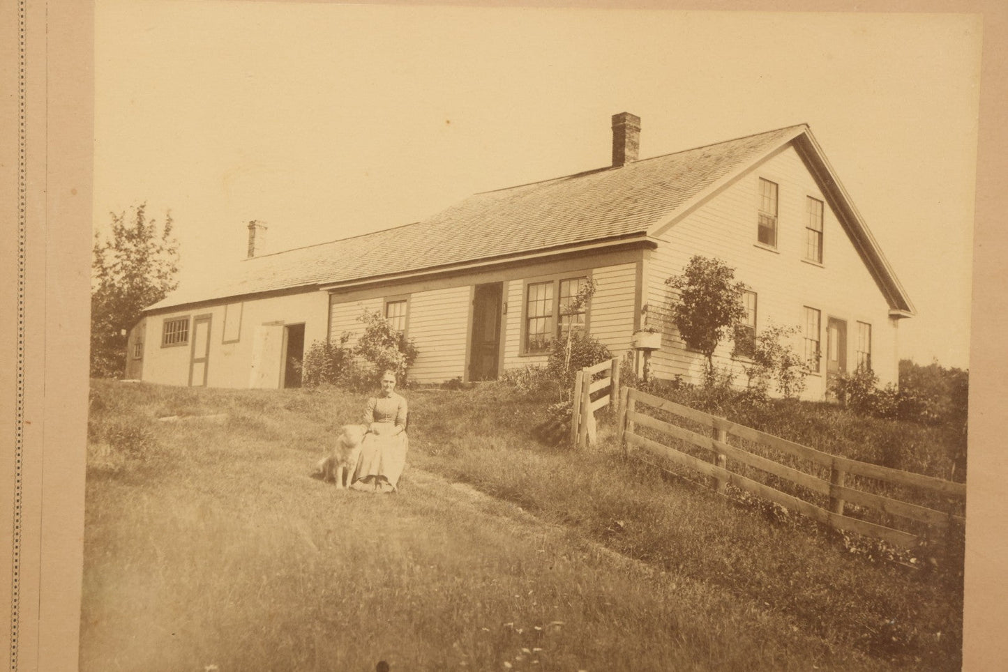 Lot 110 - Antique Boarded Photograph Of Woman Seated With Dog Before Farmhouse And Barn, In Faux Marble Painted Double Frame, 15-5/8" x 13-3/4"