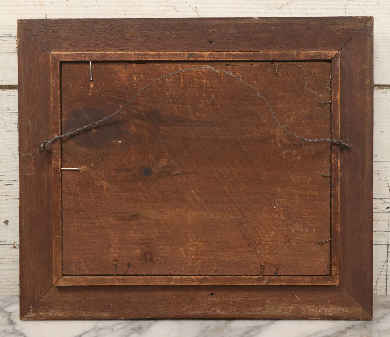 Lot 111 - Antique Boarded Photograph Of Elderly Couple And Older Woman Before New England Connected Farmhouse And Barn In Winter, In Walnut Double Frame, 13-1/4" x 11-3/8"