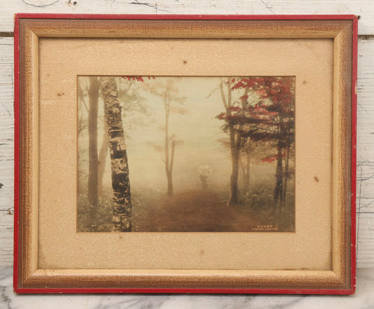Lot 112 - Antique Hand-Colored Photograph By Ohdaira, Chuzenji, Japan, Landscape With Figure In Fog With Umbrella, 11-5/8" x 9-1/2"