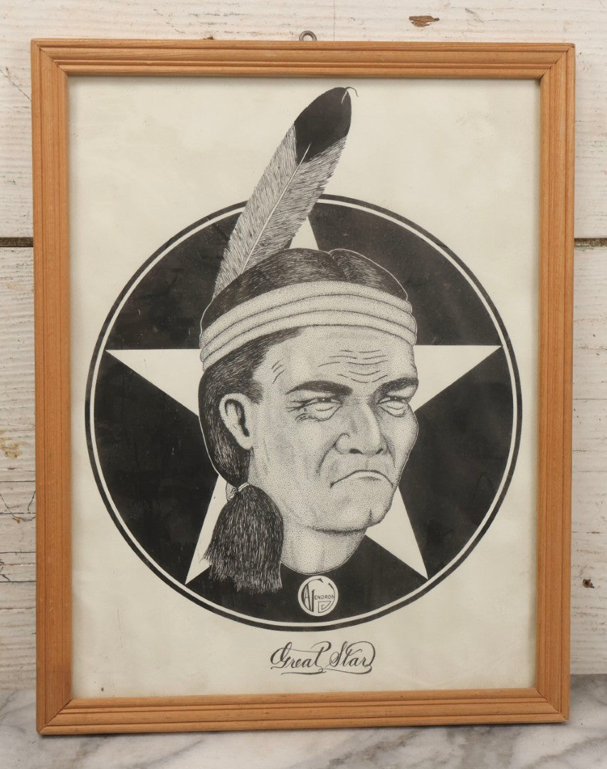 Lot 118 - Grouping Of Three Framed Pen And Ink Portrait Drawings Of Men By C.A.I. Endron (Or Similar), Including “Great Star” And “Cardile Delmore,” Dated 1962
