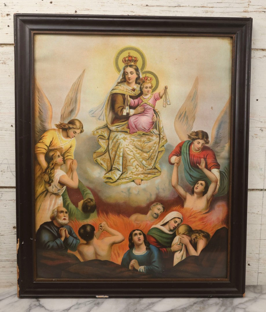 Lot 119 - Antique Chromolithograph Of Our Lady Of Mount Carmel With Souls In Purgatory, In Frame, 18-1/2" x 22-1/2"