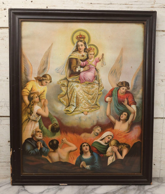 Lot 119 - Antique Chromolithograph Of Our Lady Of Mount Carmel With Souls In Purgatory, In Frame, 18-1/2" x 22-1/2"