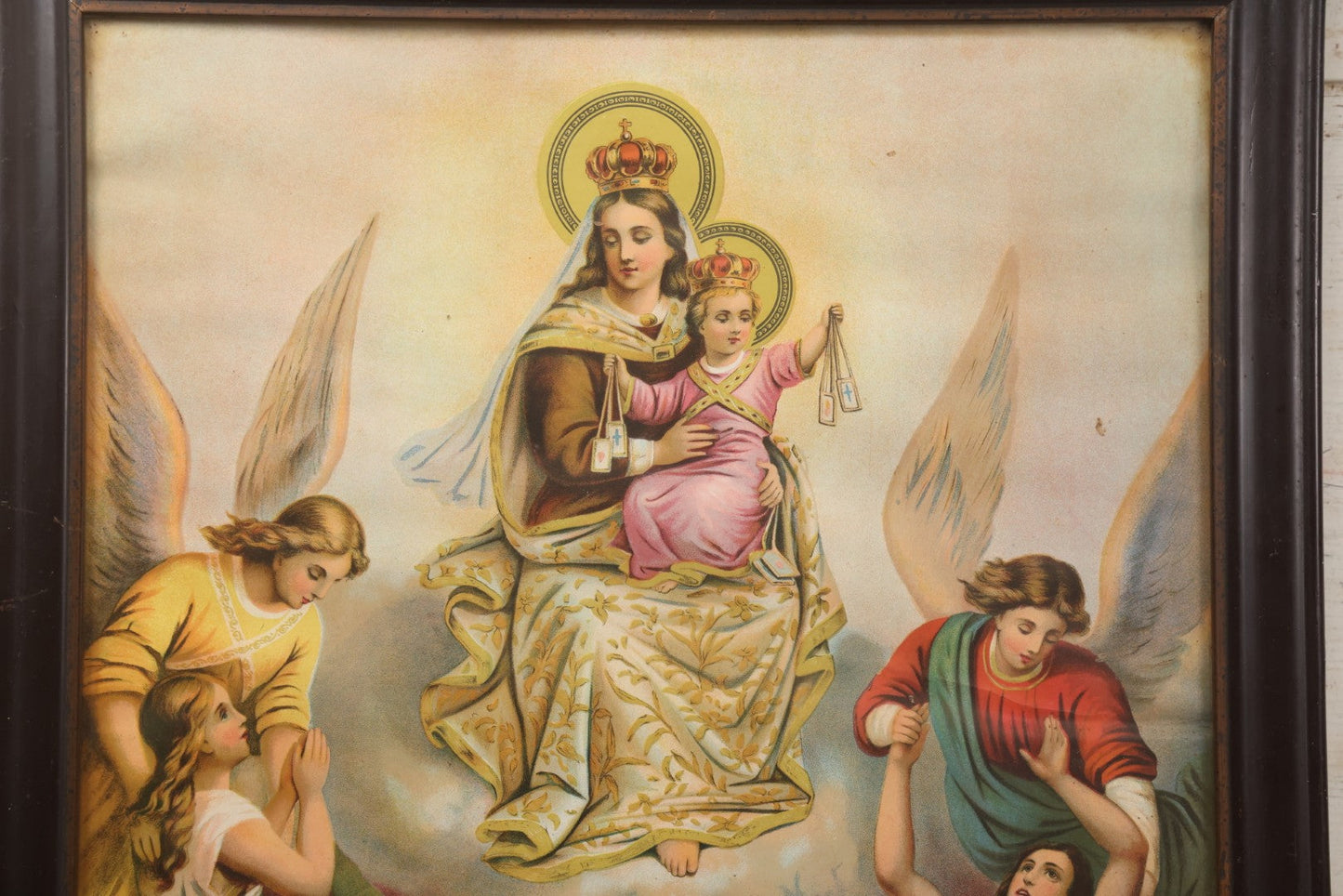 Lot 119 - Antique Chromolithograph Of Our Lady Of Mount Carmel With Souls In Purgatory, In Frame, 18-1/2" x 22-1/2"