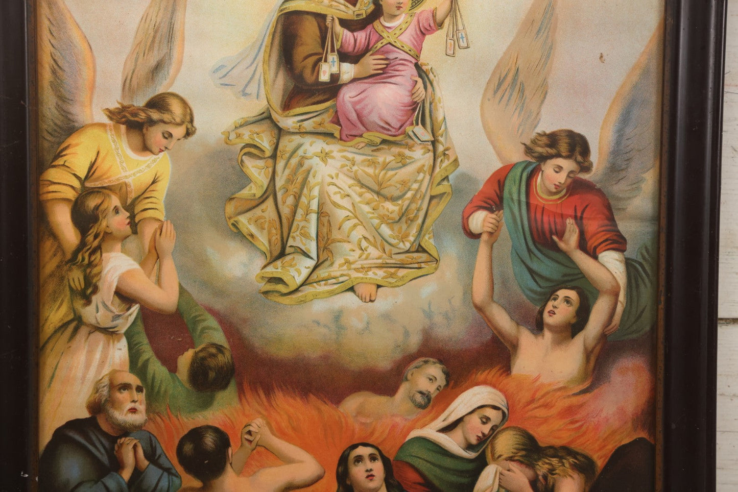 Lot 119 - Antique Chromolithograph Of Our Lady Of Mount Carmel With Souls In Purgatory, In Frame, 18-1/2" x 22-1/2"