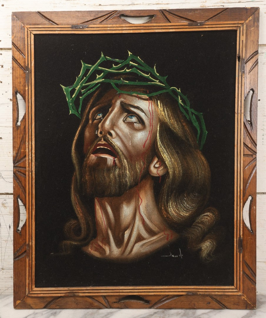 Lot 120 - Vintage Mexican Black Velvet Painting Of Jesus Wearing Crown Of Thorns, In Folk Art Wood Frame, 19" x 23"