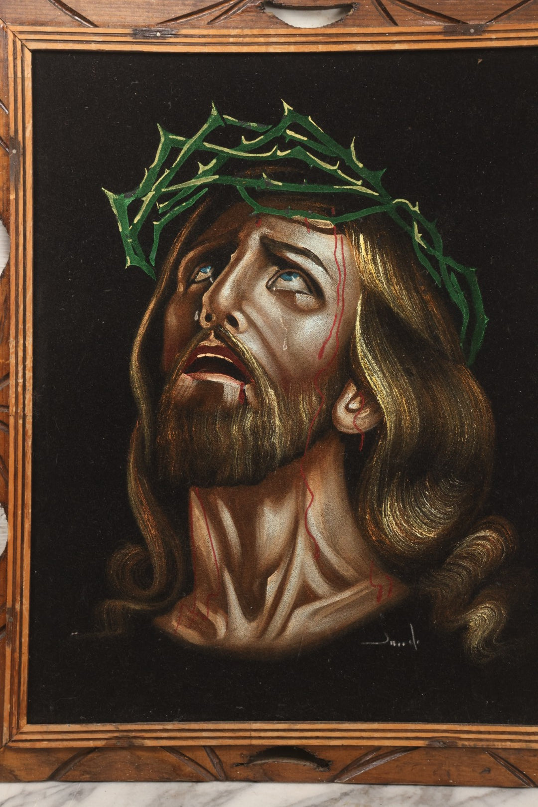 Lot 120 - Vintage Mexican Black Velvet Painting Of Jesus Wearing Crown Of Thorns, In Folk Art Wood Frame, 19" x 23"
