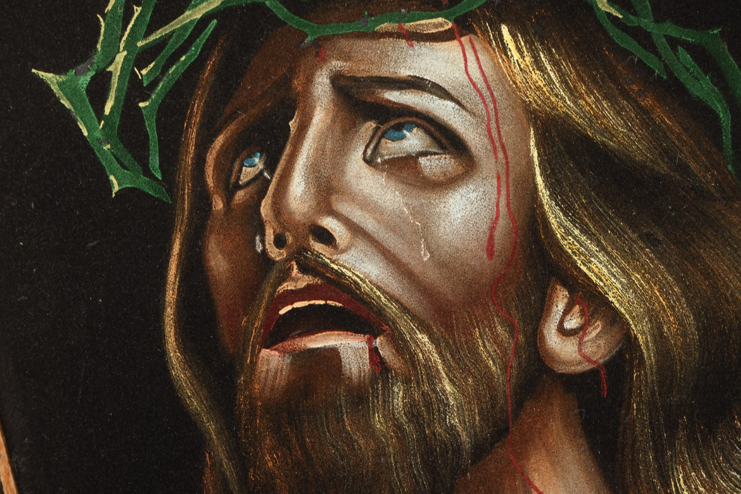 Lot 120 - Vintage Mexican Black Velvet Painting Of Jesus Wearing Crown Of Thorns, In Folk Art Wood Frame, 19" x 23"