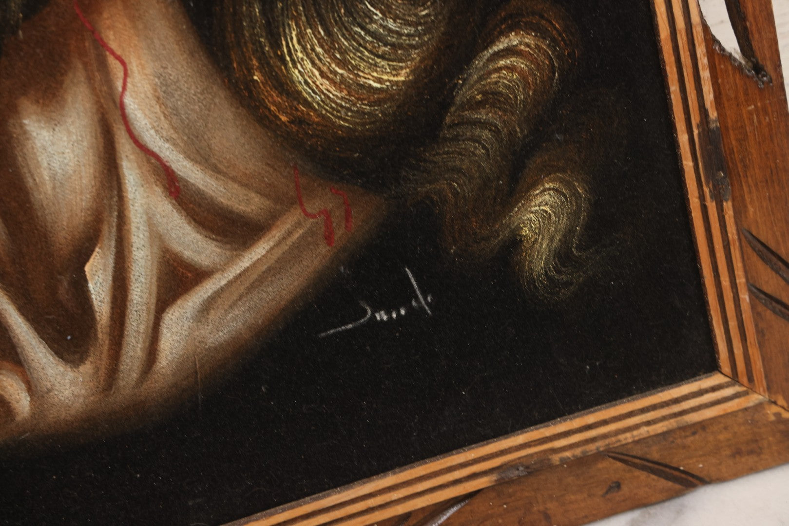 Lot 120 - Vintage Mexican Black Velvet Painting Of Jesus Wearing Crown Of Thorns, In Folk Art Wood Frame, 19" x 23"