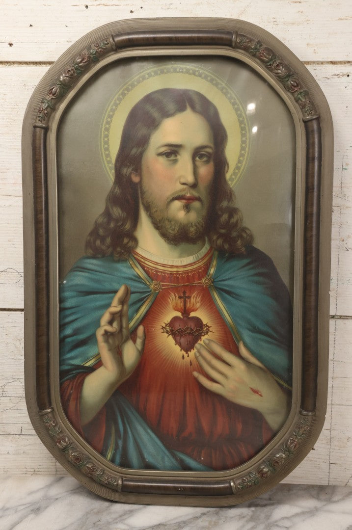 Lot 121 - Antique Chromolithograph Of Jesus With Stigmata And Sacred Heart, In Silver Bubble Frame, 14" x 22-1/4"