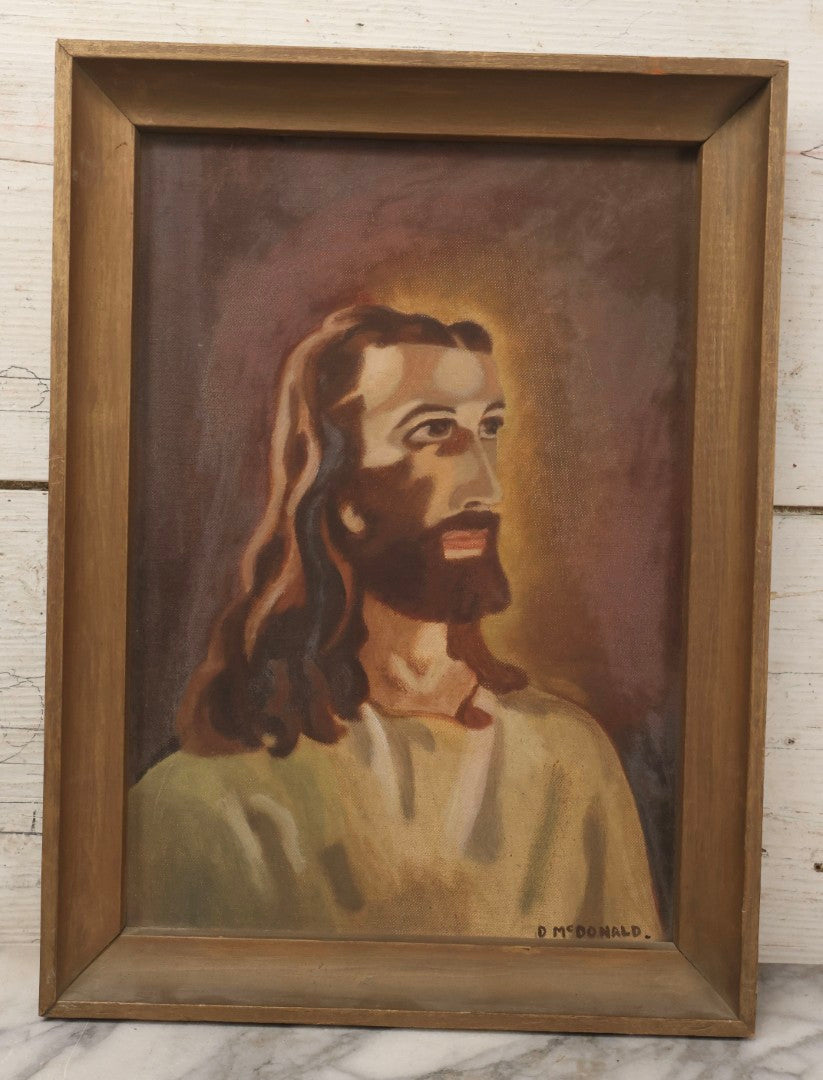 Lot 122 - Vintage Naive Painting On Canvas Of Jesus With Large Eyes And Gaunt Face, Signed D. McDonald, In Frame Without Glass, 12" x 16-1/4"