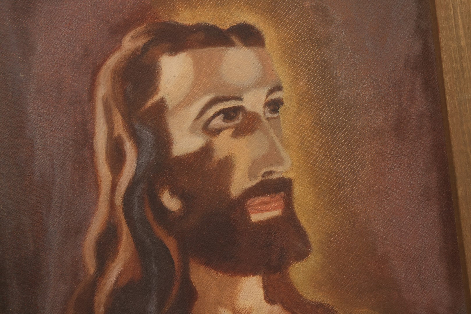Lot 122 - Vintage Naive Painting On Canvas Of Jesus With Large Eyes And Gaunt Face, Signed D. McDonald, In Frame Without Glass, 12" x 16-1/4"