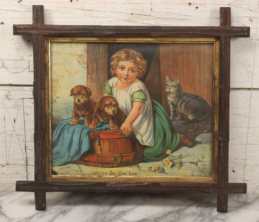 Lot 123 - Antique Chromolithograph "Which Do You Like?" Depicting Little Girl With Puppies And Kitten, Supplement To Boston Sunday Globe, In Faux Branch Double Frame, 16-3/4" x 14-3/4"