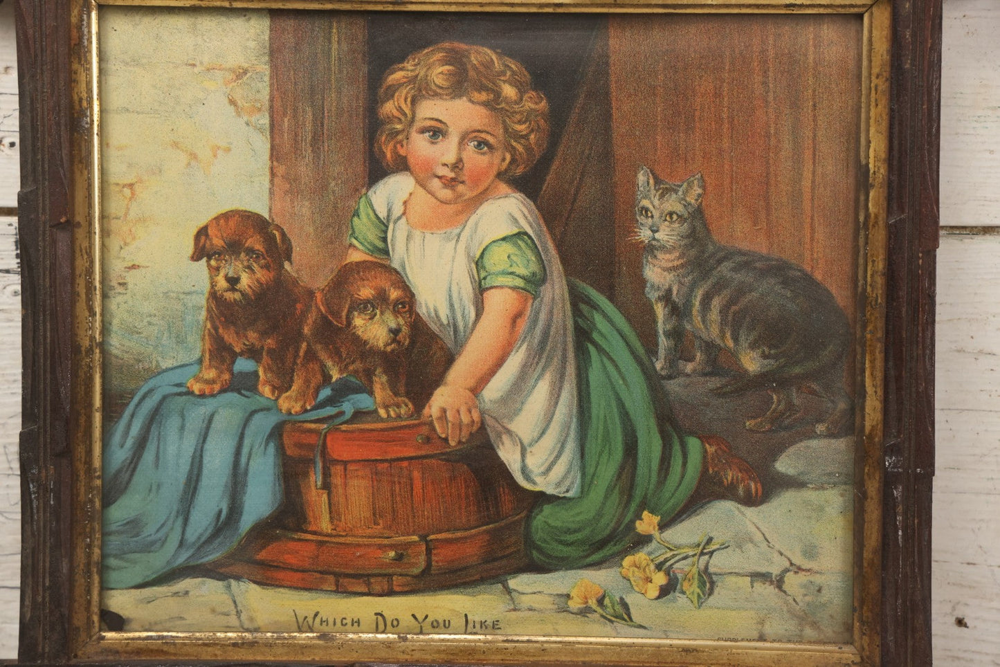 Lot 123 - Antique Chromolithograph "Which Do You Like?" Depicting Little Girl With Puppies And Kitten, Supplement To Boston Sunday Globe, In Faux Branch Double Frame, 16-3/4" x 14-3/4"