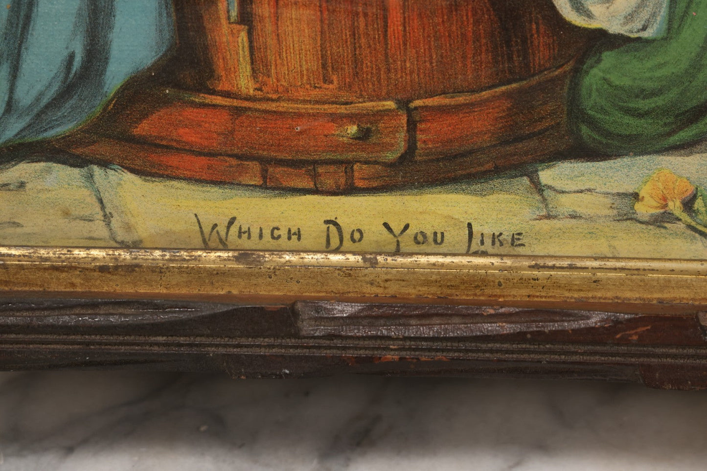 Lot 123 - Antique Chromolithograph "Which Do You Like?" Depicting Little Girl With Puppies And Kitten, Supplement To Boston Sunday Globe, In Faux Branch Double Frame, 16-3/4" x 14-3/4"