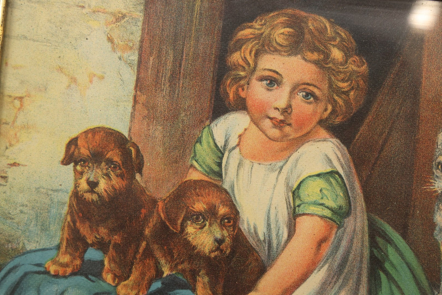 Lot 123 - Antique Chromolithograph "Which Do You Like?" Depicting Little Girl With Puppies And Kitten, Supplement To Boston Sunday Globe, In Faux Branch Double Frame, 16-3/4" x 14-3/4"
