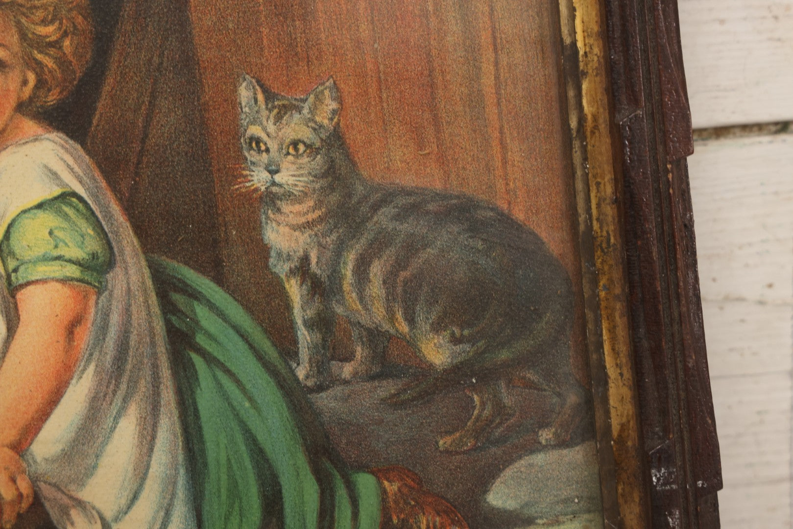 Lot 123 - Antique Chromolithograph "Which Do You Like?" Depicting Little Girl With Puppies And Kitten, Supplement To Boston Sunday Globe, In Faux Branch Double Frame, 16-3/4" x 14-3/4"