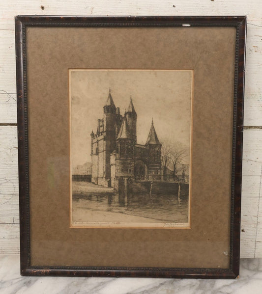 Lot 126 - Antique German Etching Of Castle With Turrets And Clock, Signed Jon Morfeaud, Kunsthandel Gebroeders Koch Label, In Frame, 13" x 15-1/8"