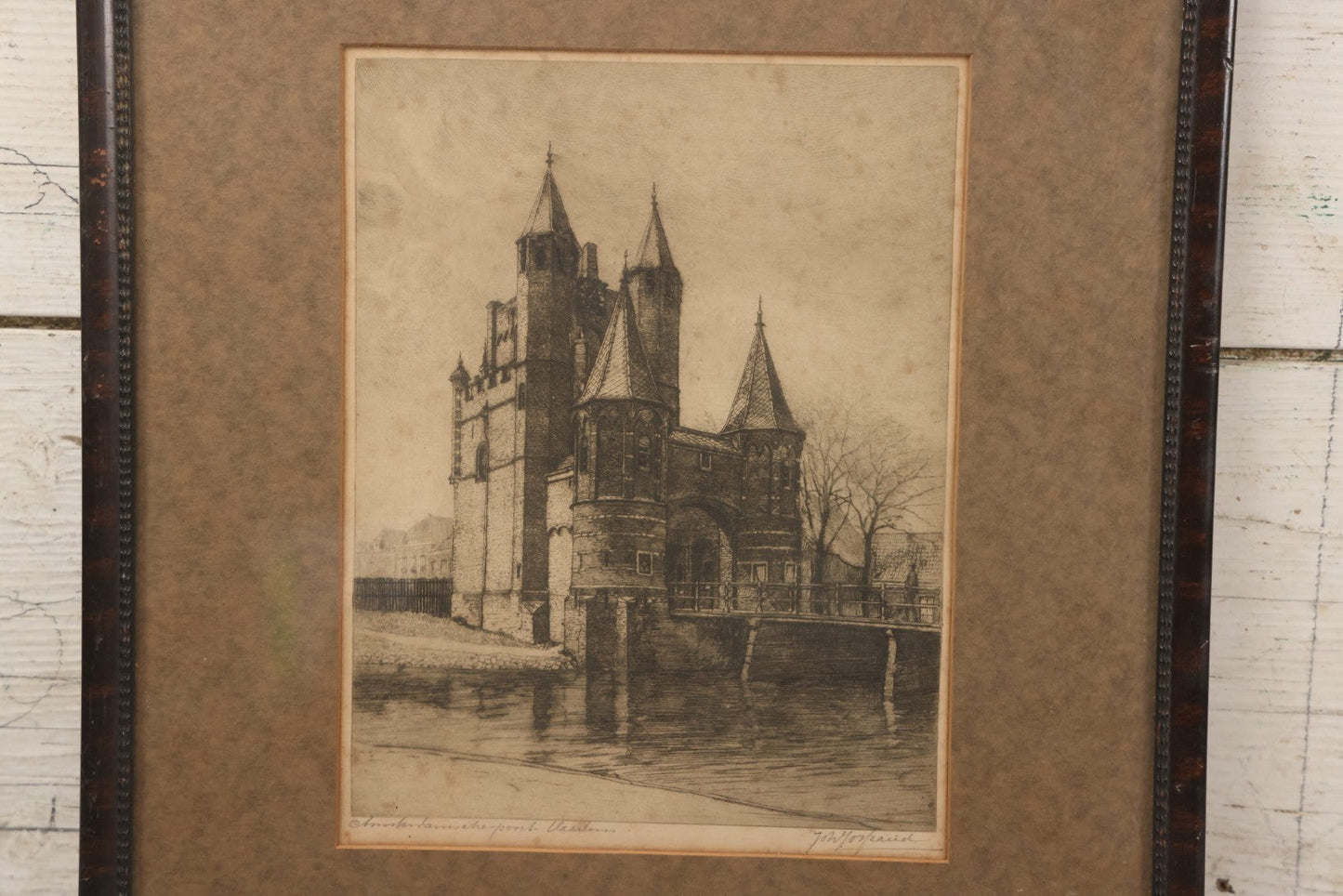 Lot 126 - Antique German Etching Of Castle With Turrets And Clock, Signed Jon Morfeaud, Kunsthandel Gebroeders Koch Label, In Frame, 13" x 15-1/8"