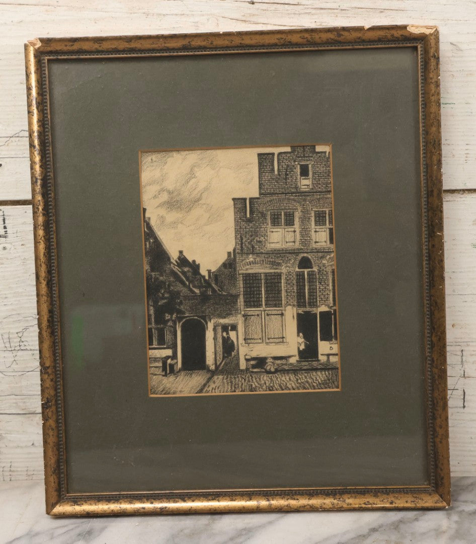 Lot 127 - Antique Charcoal Drawing Of European Street Scene, Unsigned, Firma Bosman & Co. Kunsthandel Den Haag Label, 11-1/4" x 13-1/4"