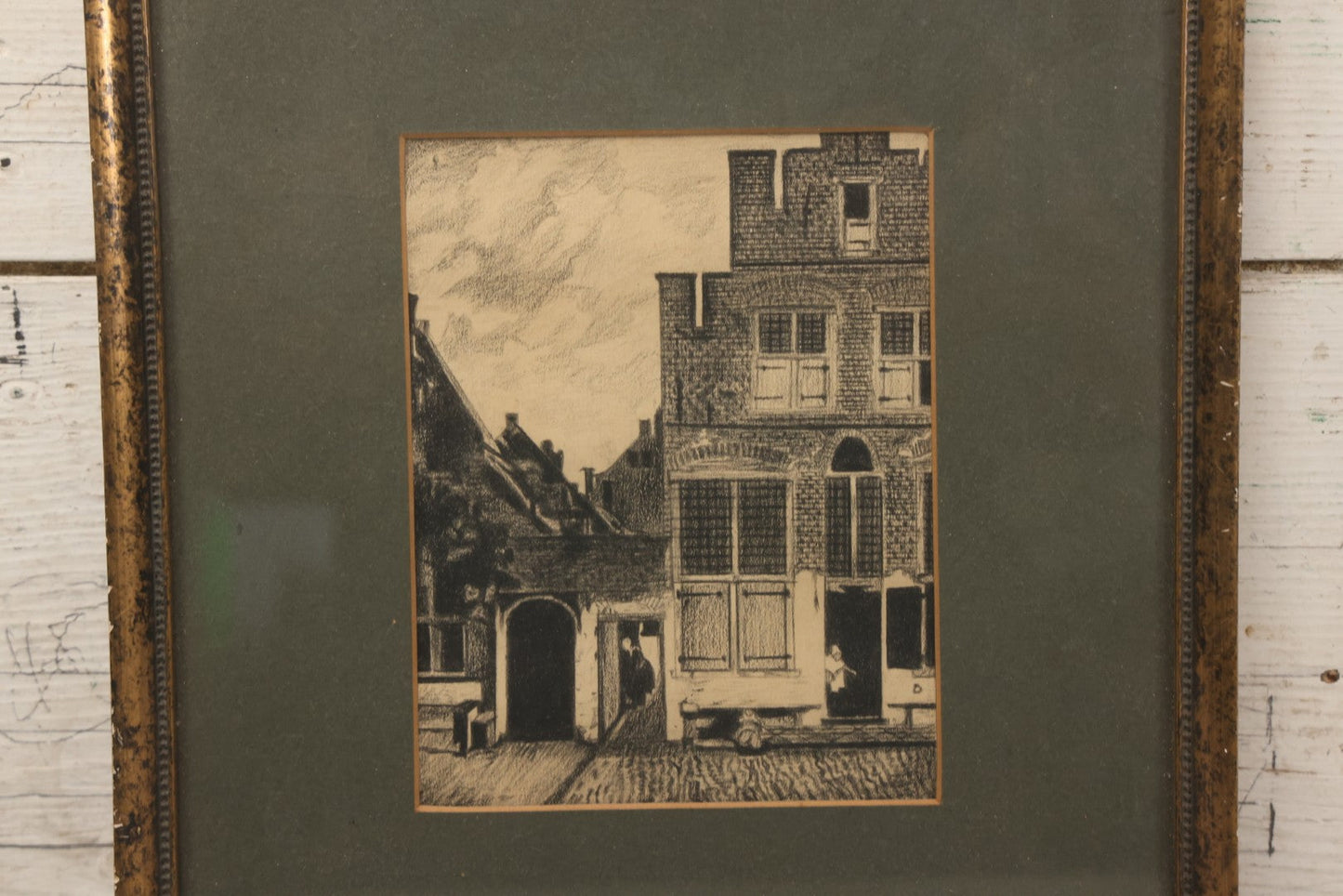 Lot 127 - Antique Charcoal Drawing Of European Street Scene, Unsigned, Firma Bosman & Co. Kunsthandel Den Haag Label, 11-1/4" x 13-1/4"