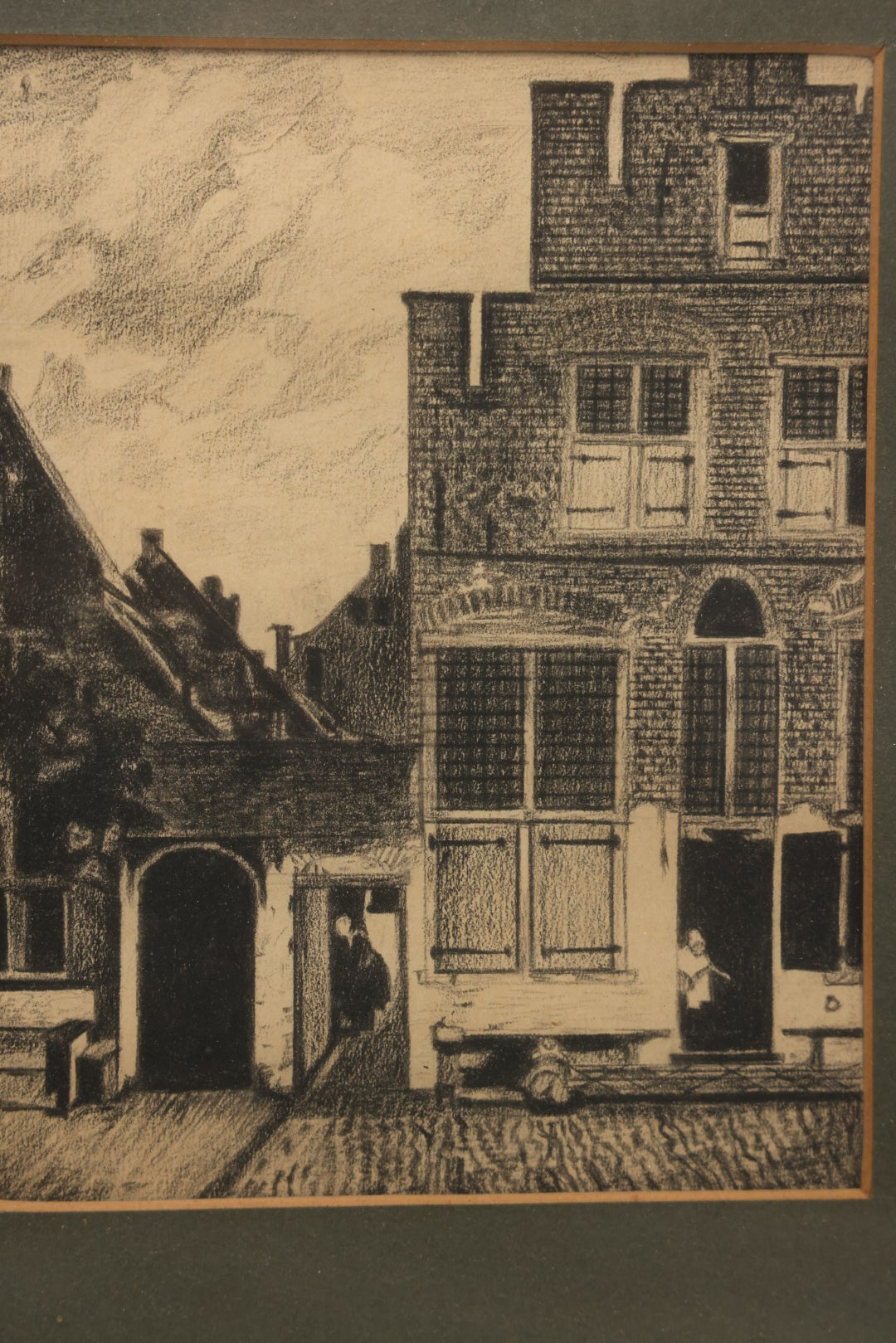 Lot 127 - Antique Charcoal Drawing Of European Street Scene, Unsigned, Firma Bosman & Co. Kunsthandel Den Haag Label, 11-1/4" x 13-1/4"