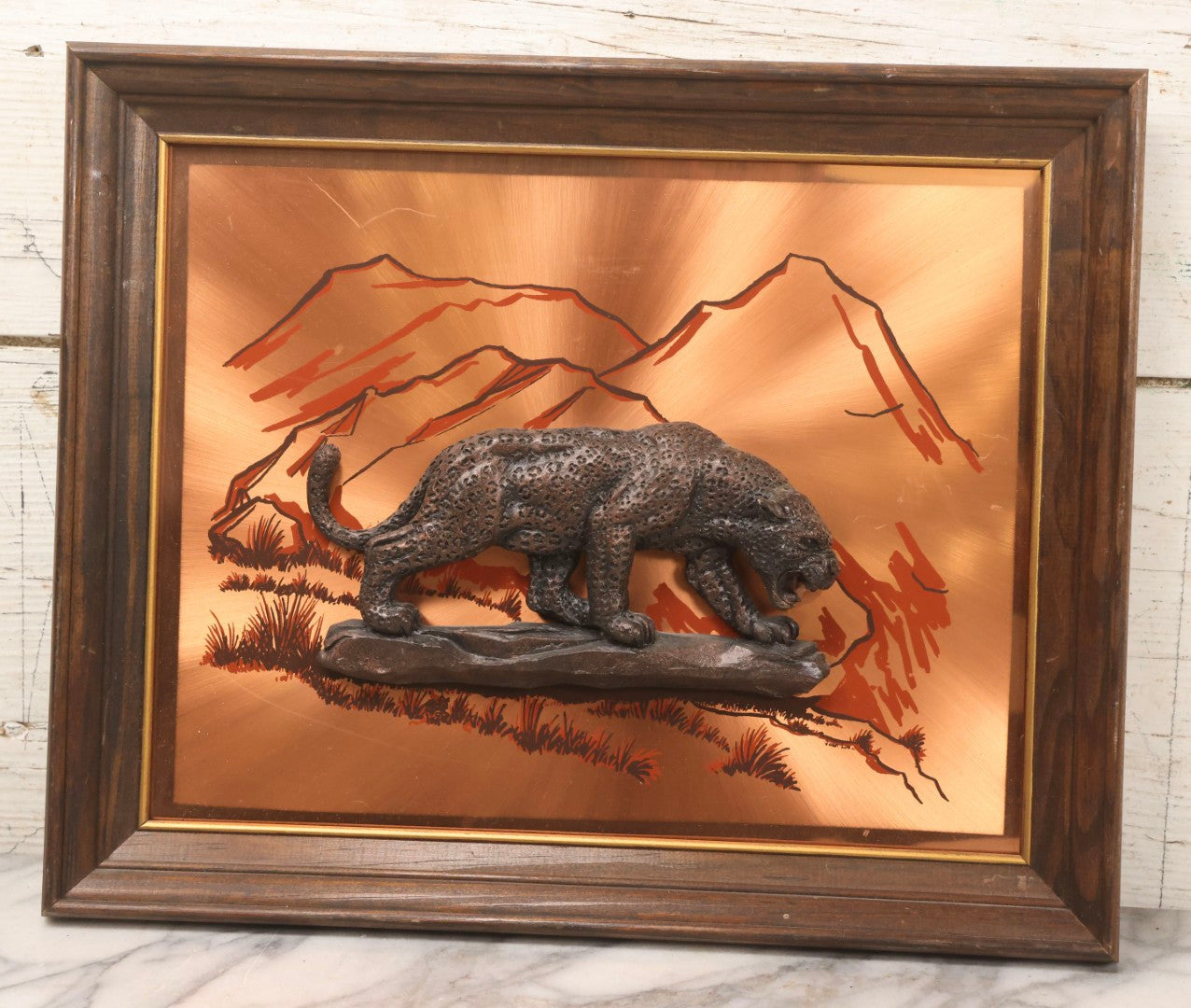 Lot 128 - Vintage John Louw 3D Copper Art Relief Of Jaguar With Mountain Landscape, 16-1/4" x 13-1/4"