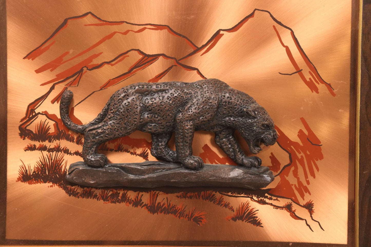 Lot 128 - Vintage John Louw 3D Copper Art Relief Of Jaguar With Mountain Landscape, 16-1/4" x 13-1/4"
