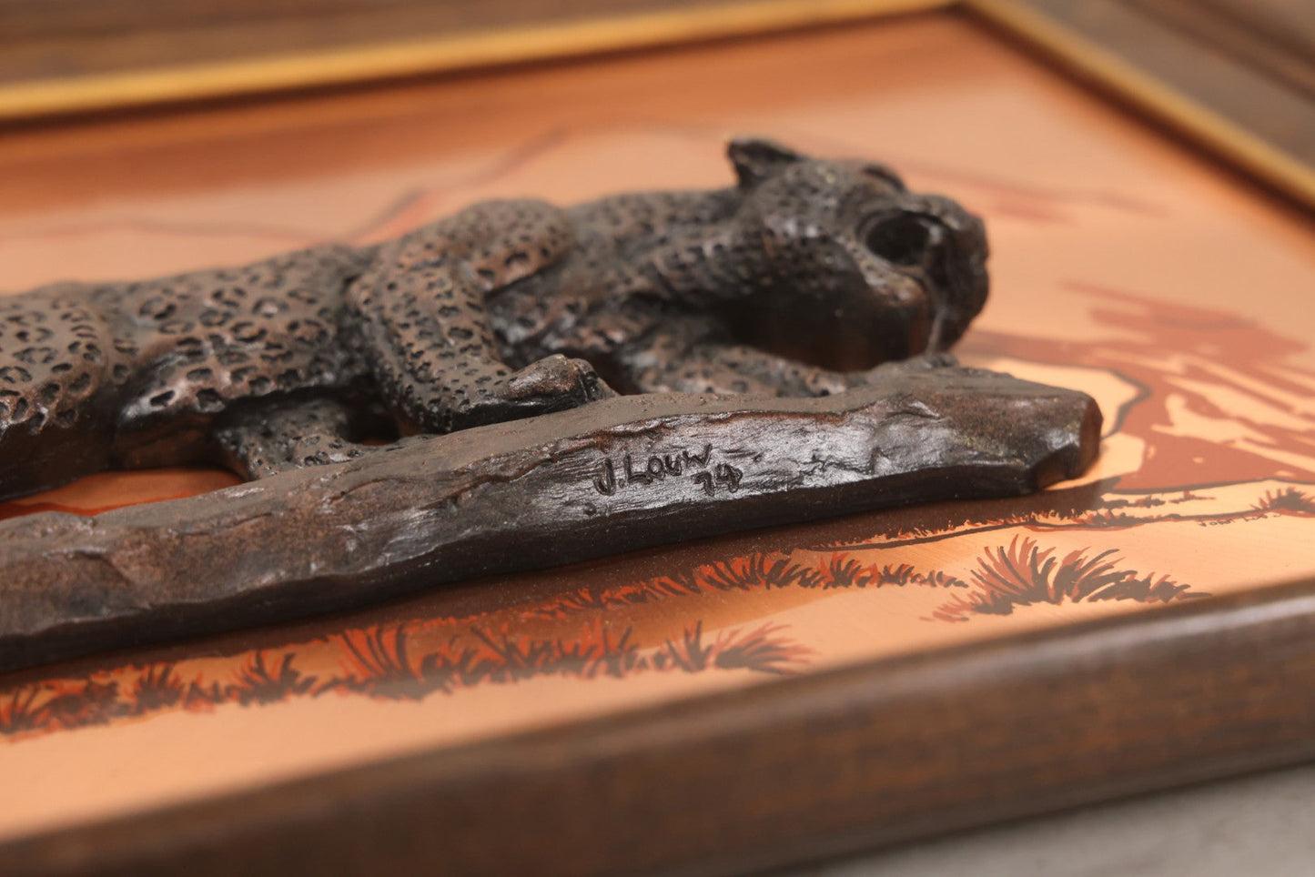 Lot 128 - Vintage John Louw 3D Copper Art Relief Of Jaguar With Mountain Landscape, 16-1/4" x 13-1/4"