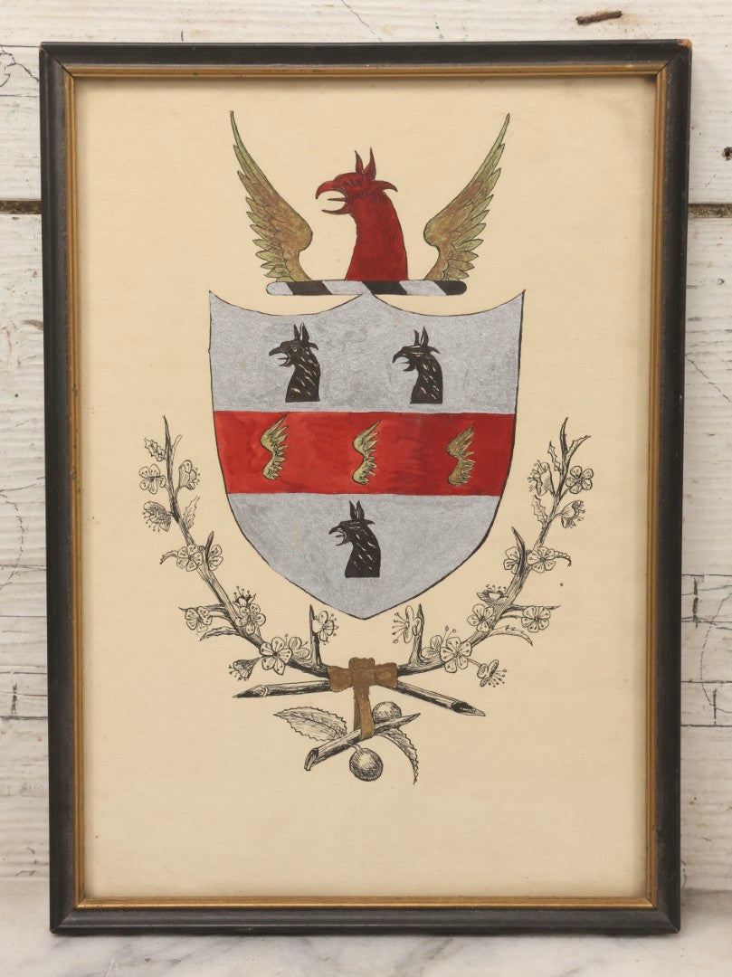 Lot 129 - Vintage Hand Drawn Coat Of Arms Of Falcon With Heraldic And Floral Motifs In Red, Gold, Silver, And Black, In Frame, 7-1/2" x 10-1/2"