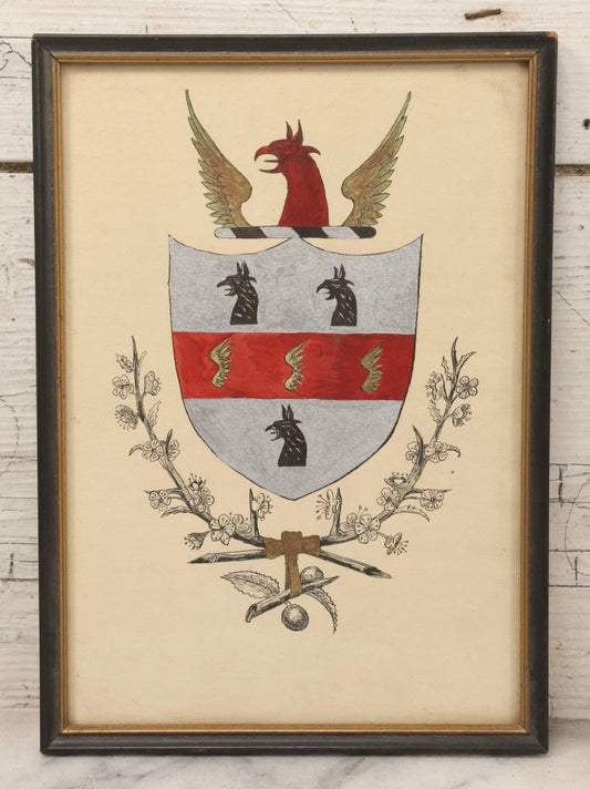 Lot 129 - Vintage Hand Drawn Coat Of Arms Of Falcon With Heraldic And Floral Motifs In Red, Gold, Silver, And Black, In Frame, 7-1/2" x 10-1/2"