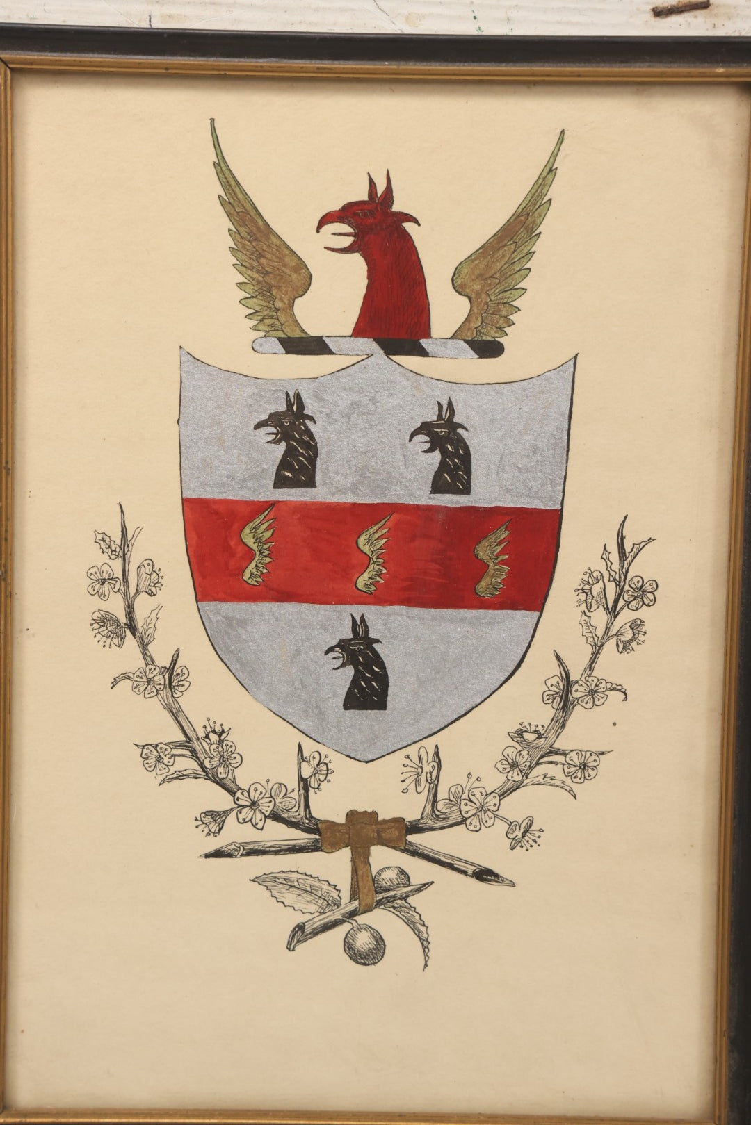 Lot 129 - Vintage Hand Drawn Coat Of Arms Of Falcon With Heraldic And Floral Motifs In Red, Gold, Silver, And Black, In Frame, 7-1/2" x 10-1/2"