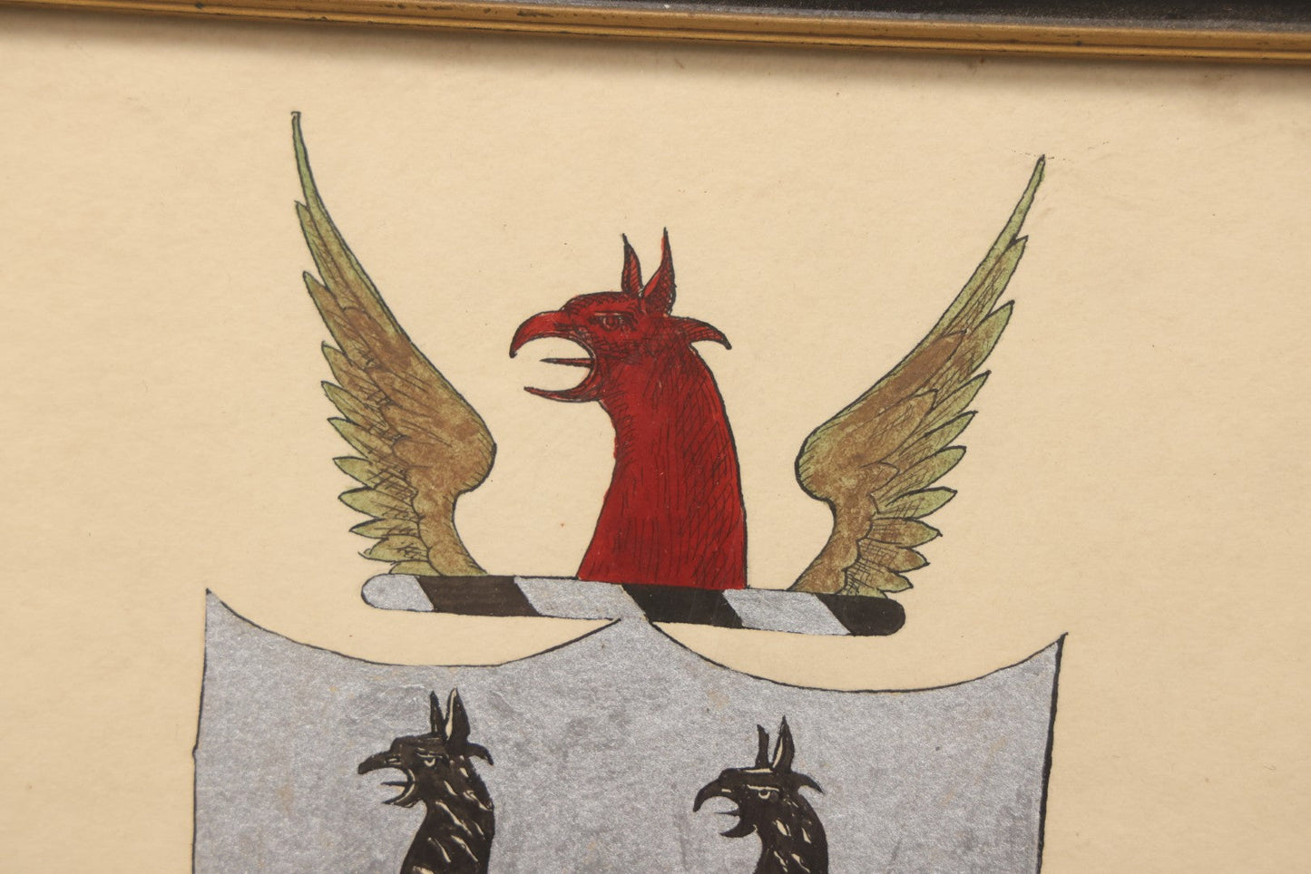 Lot 129 - Vintage Hand Drawn Coat Of Arms Of Falcon With Heraldic And Floral Motifs In Red, Gold, Silver, And Black, In Frame, 7-1/2" x 10-1/2"