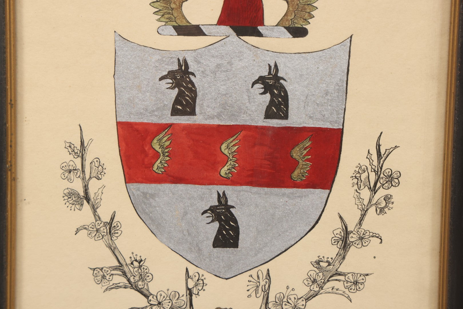 Lot 129 - Vintage Hand Drawn Coat Of Arms Of Falcon With Heraldic And Floral Motifs In Red, Gold, Silver, And Black, In Frame, 7-1/2" x 10-1/2"