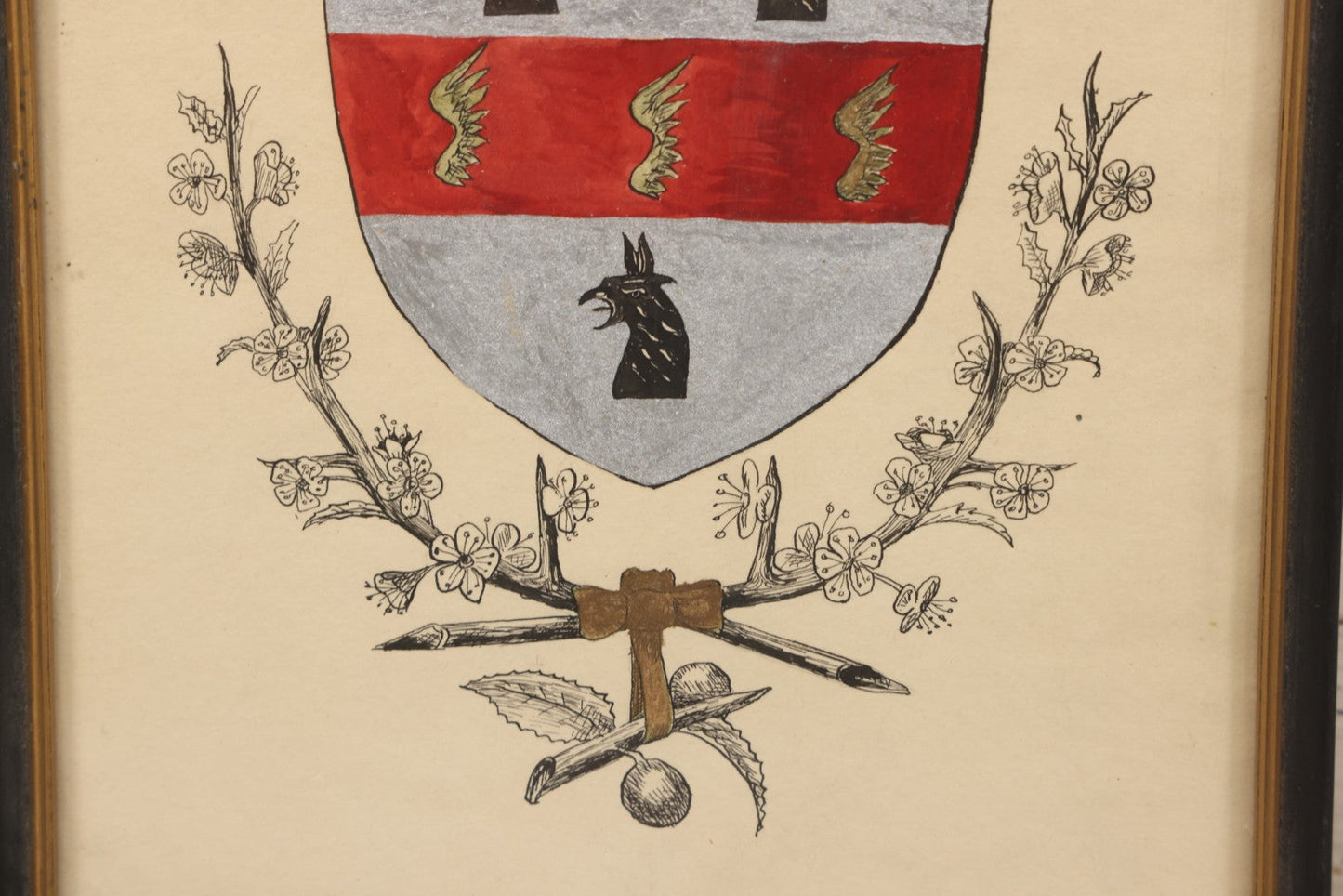Lot 129 - Vintage Hand Drawn Coat Of Arms Of Falcon With Heraldic And Floral Motifs In Red, Gold, Silver, And Black, In Frame, 7-1/2" x 10-1/2"