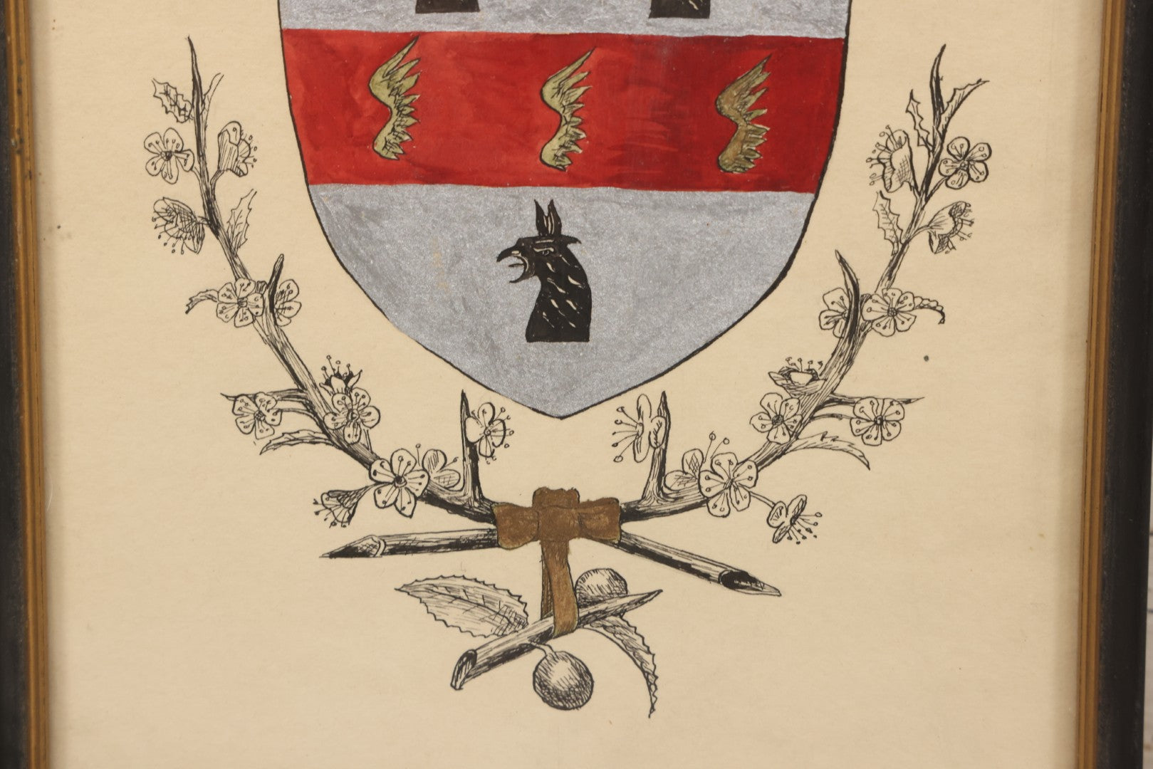 Lot 129 - Vintage Hand Drawn Coat Of Arms Of Falcon With Heraldic And Floral Motifs In Red, Gold, Silver, And Black, In Frame, 7-1/2" x 10-1/2"