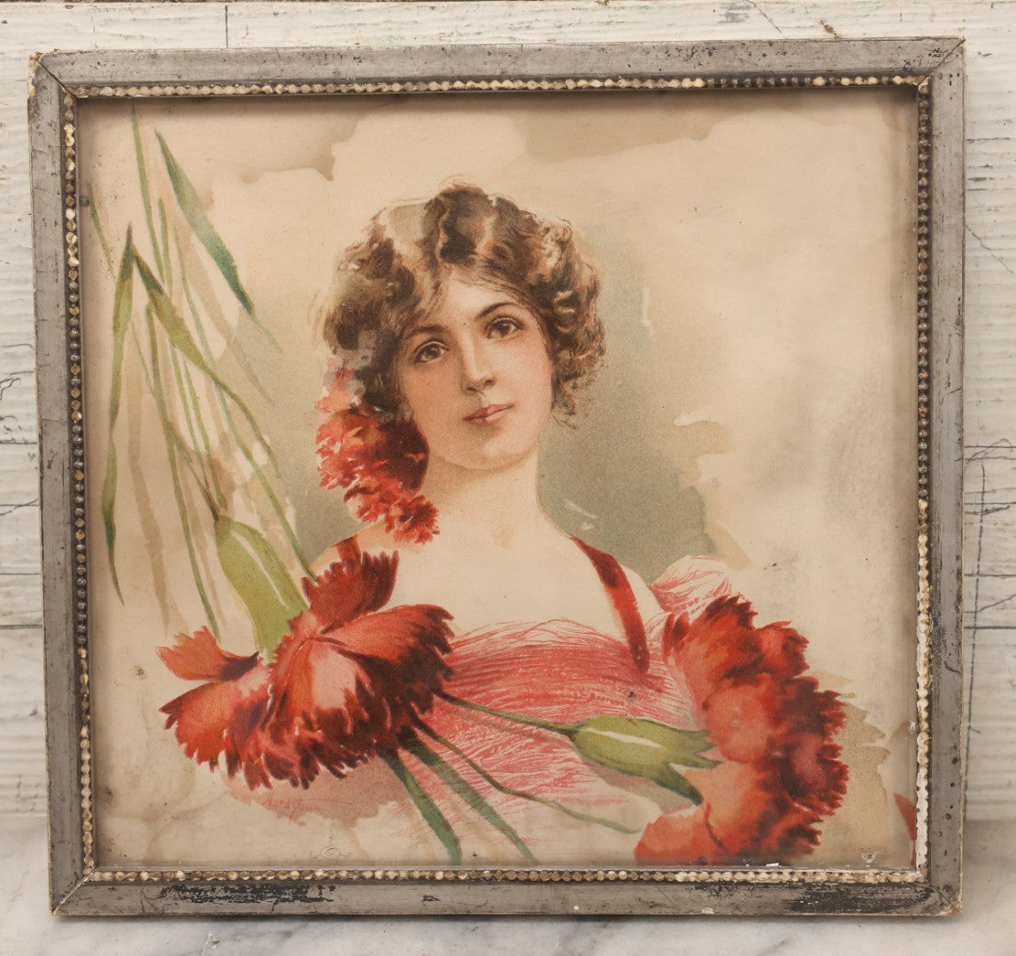 Lot 130 - Antique Chromolithograph Print Of Woman In Red Dress With Flowers By Maud Stumm In Silver Painted Wood Frame, 8-3/4" x 8-1/4"